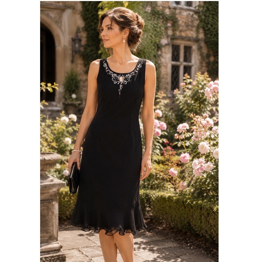 Jessica Howard Black Linen Blend Cameo Beaded Embroidered Ruffle Hem Dress 12